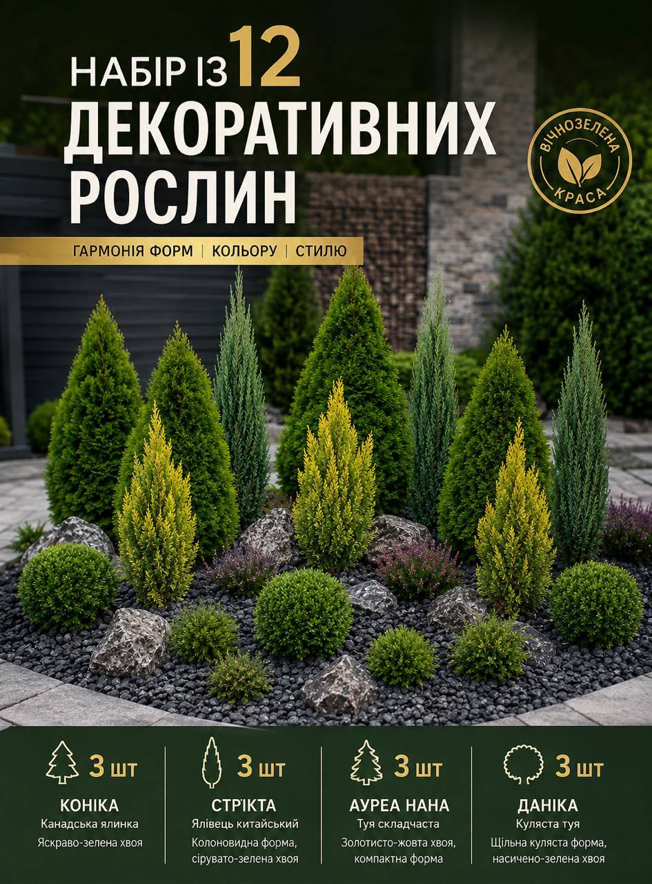 
            Набір із 12 декоративних рослин<br><br>
            ✅До набору входить:<br>
            ✅3 шт канадська ялинка Коніка<br>
            ✅3 шт ялівець китайський Стрікта<br>
            ✅3 шт туя складчаста Ауреа Нана<br>
            ✅3 шт куляста туя Даніка
        